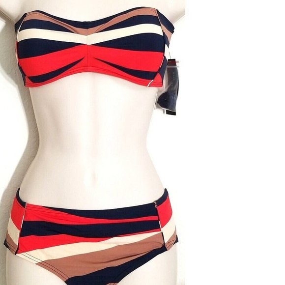 MARC JACOBS 2PC BANDEAU BIKINI VINTAGE STRIPE NAVY IVORY RED SWIMSUIT L NWT! - Picture 1 of 10